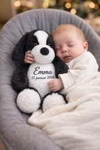 Last inn bildet i Galleri-visningsprogrammet, Hvit og sort hundebamse med brodert navn - Ekstra myk bamse