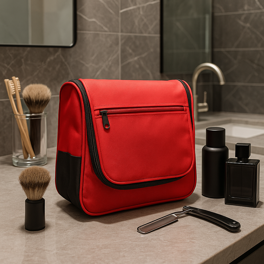 Rød, sort og lime reisetoalettveske med mange rom og oppheng (uten navn)