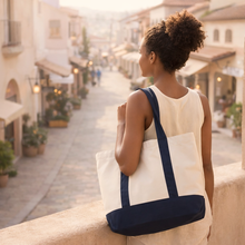 Last inn bildet i Galleri-visningsprogrammet, Organic Varsity Shopper Tote Bag med 2 stk utvendige lommer - stor størrelse
