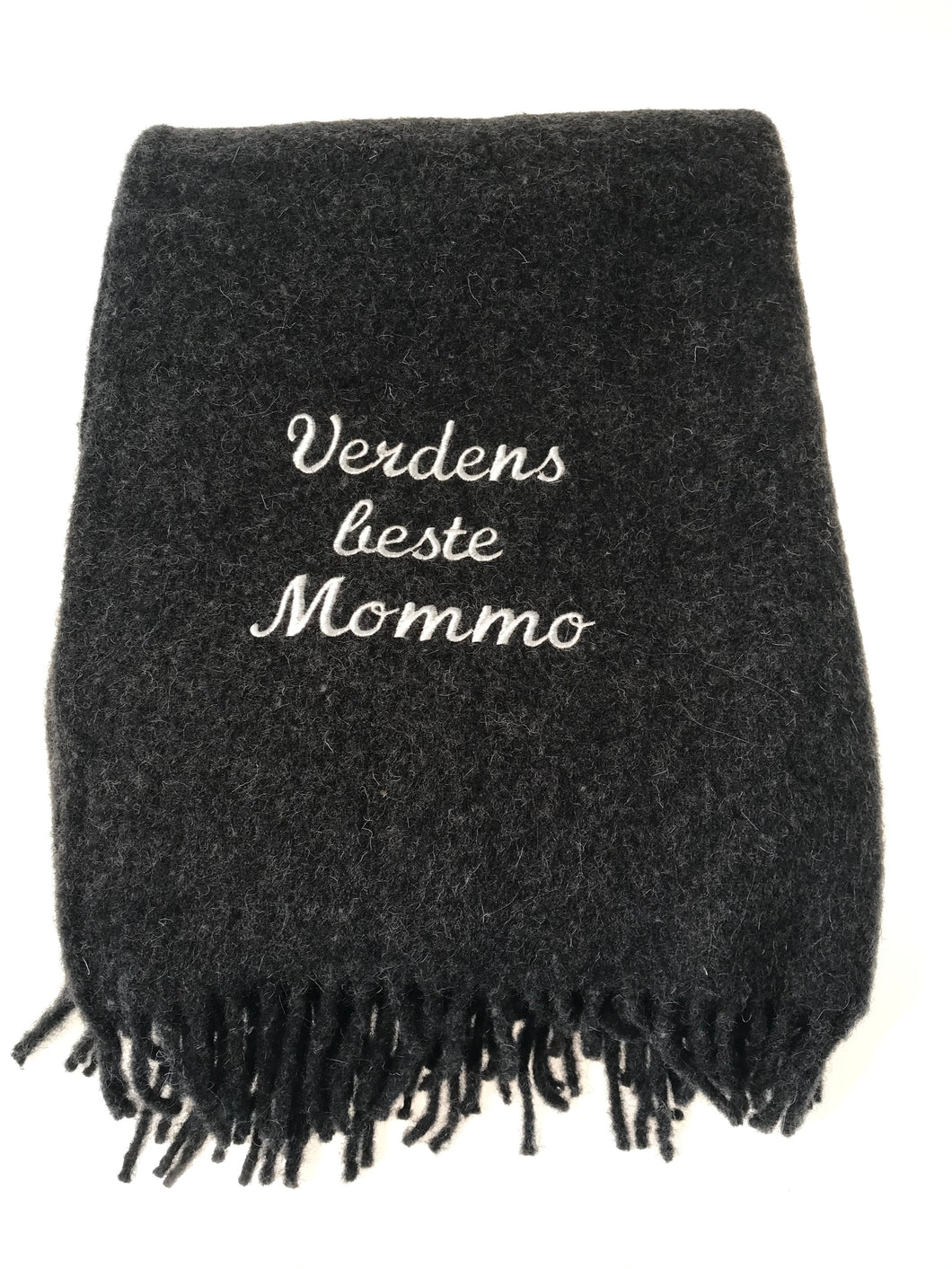 Ullpledd til Mommo, Verdens beste Mommo brodert på ullpledd 130x170 cm